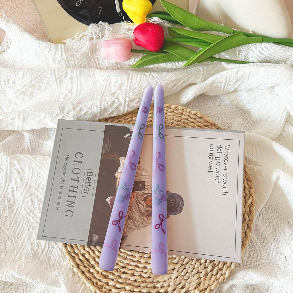 2 Pack Taper Candle 10 Inch Bow-Printed Candles,Candlesticks Unscented Dripless Tapered Candl Set for Decor Wedding Party Dinner,Valentine's Day,Various Festivals to Celebrate (Bow, Purple)