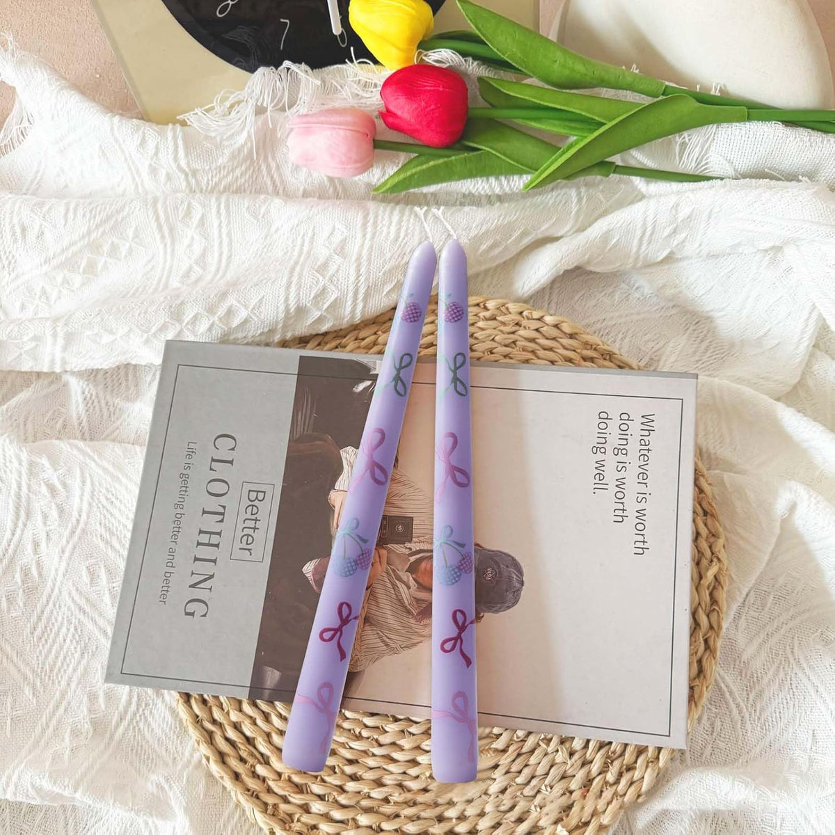 2 Pack Taper Candle 10 Inch Bow-Printed Candles,Candlesticks Unscented Dripless Tapered Candl Set for Decor Wedding Party Dinner,Valentine's Day,Various Festivals to Celebrate (Bow, Purple)