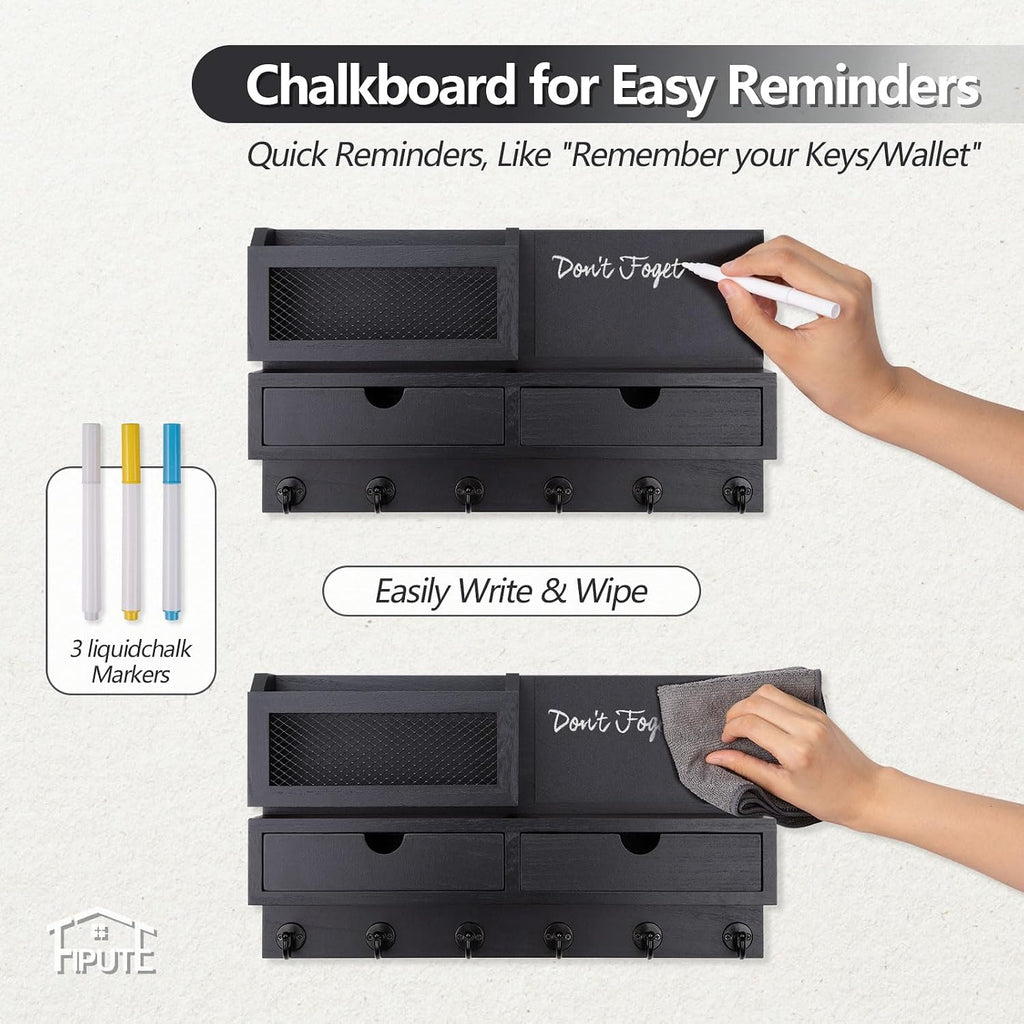 Key Holder for Wall, Key and Mail Holder for Wall with Storage Drawer, Entryway Rustic Home Decor, 3 Liquid Chalks & Chalkboard, 15.98”W x 9.1”H x 3.3”D, Black