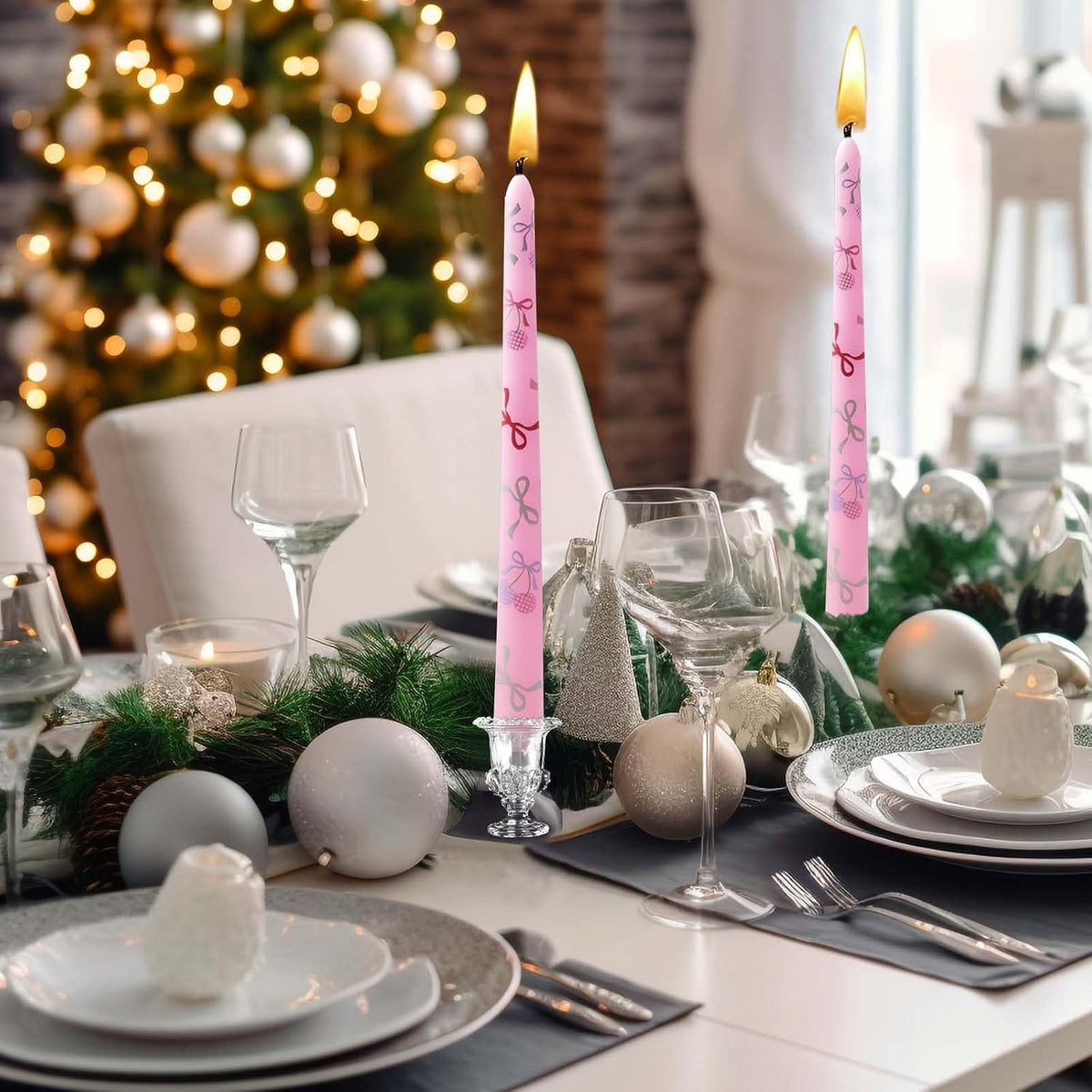 2 Pack Pink Taper Candle 10 Inch Bow-Printed Candles,Candlesticks Unscented Dripless Tapered Candl Set for Decor Wedding Party Dinner,Valentine's Day,Various Festivals to Celebrate (Bow, Pink)