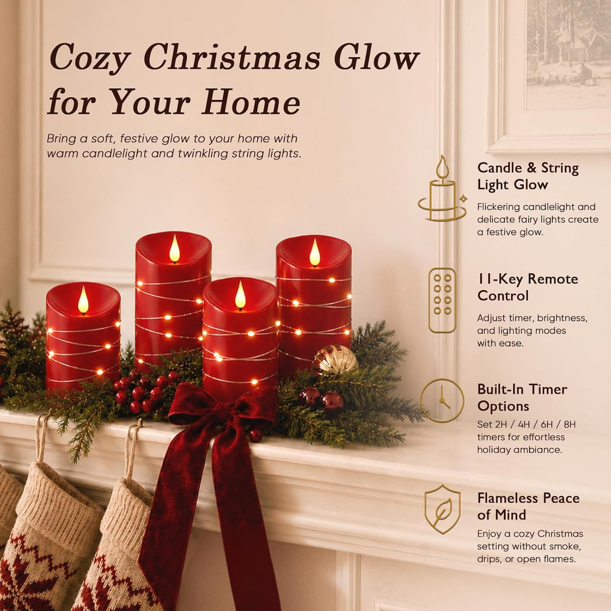 Homemory Red Flameless Candles with String Lights, 3 Pack Real Wax LED Pillar Candles with 3D Wicks, Battery Operated Candles with 11-Key Remote and Timer for Christmas Decor, 3" x 4"5" 6"