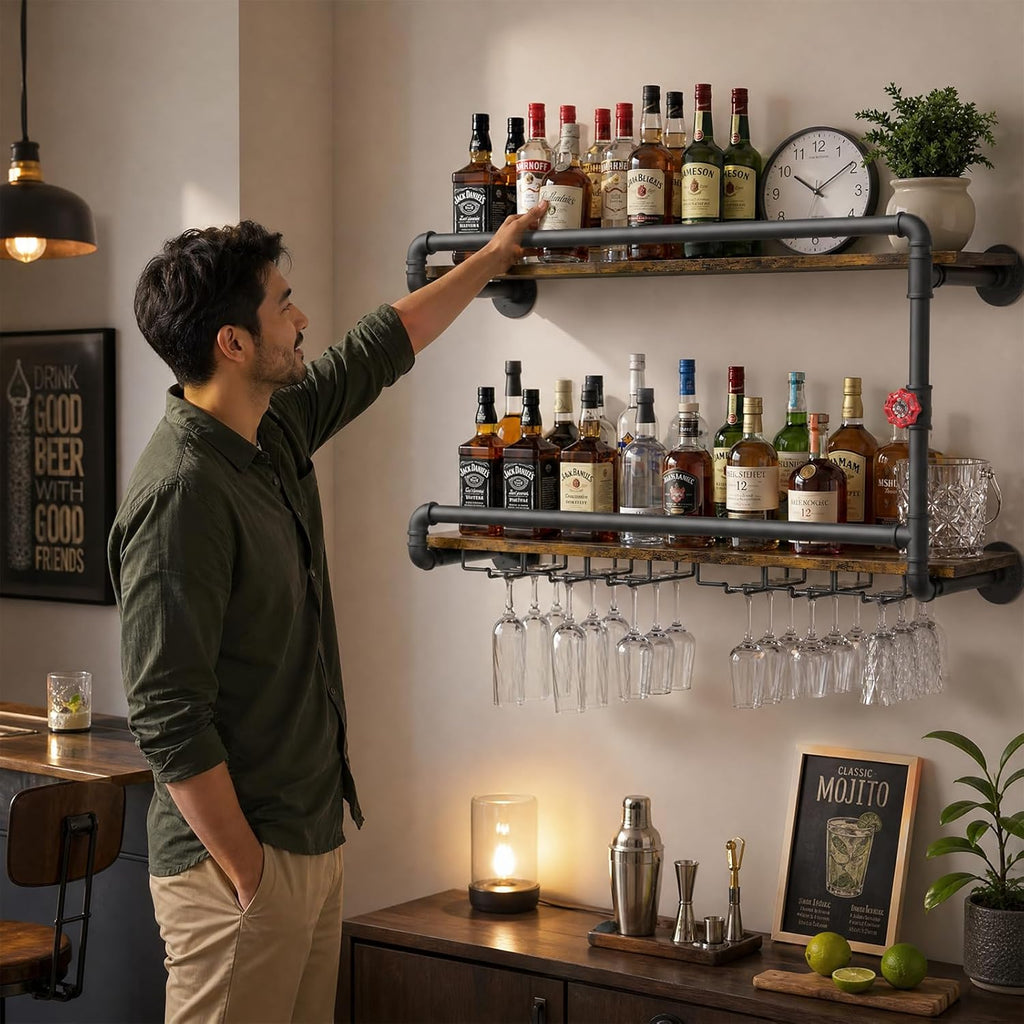 Merapi 2 Tier Floating Shelf Wine Rack with Stemware Holder
