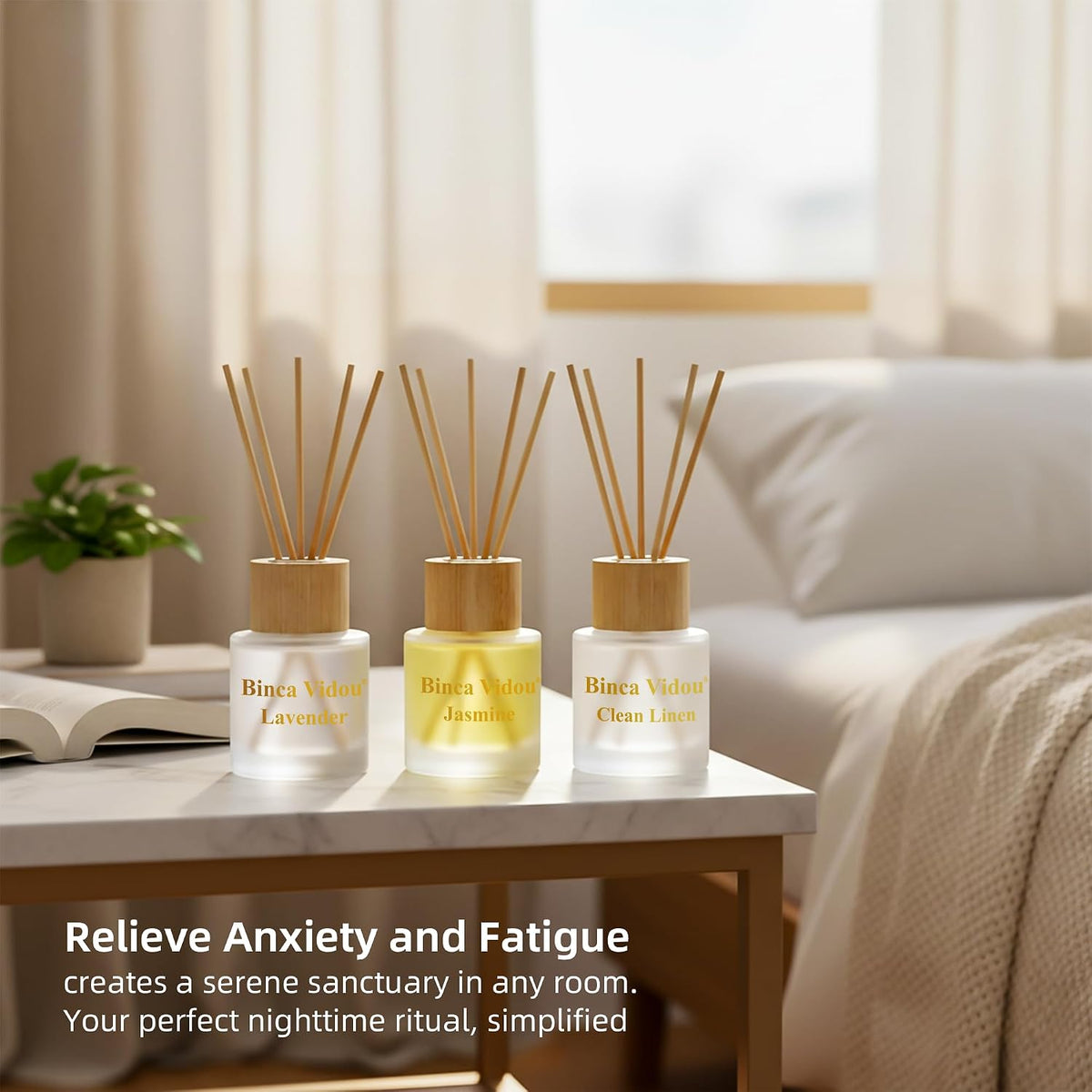 Reed Diffuser Set, Binca Vidou Lavender Linen Jasmine Natural Scent 1.69oz X 3