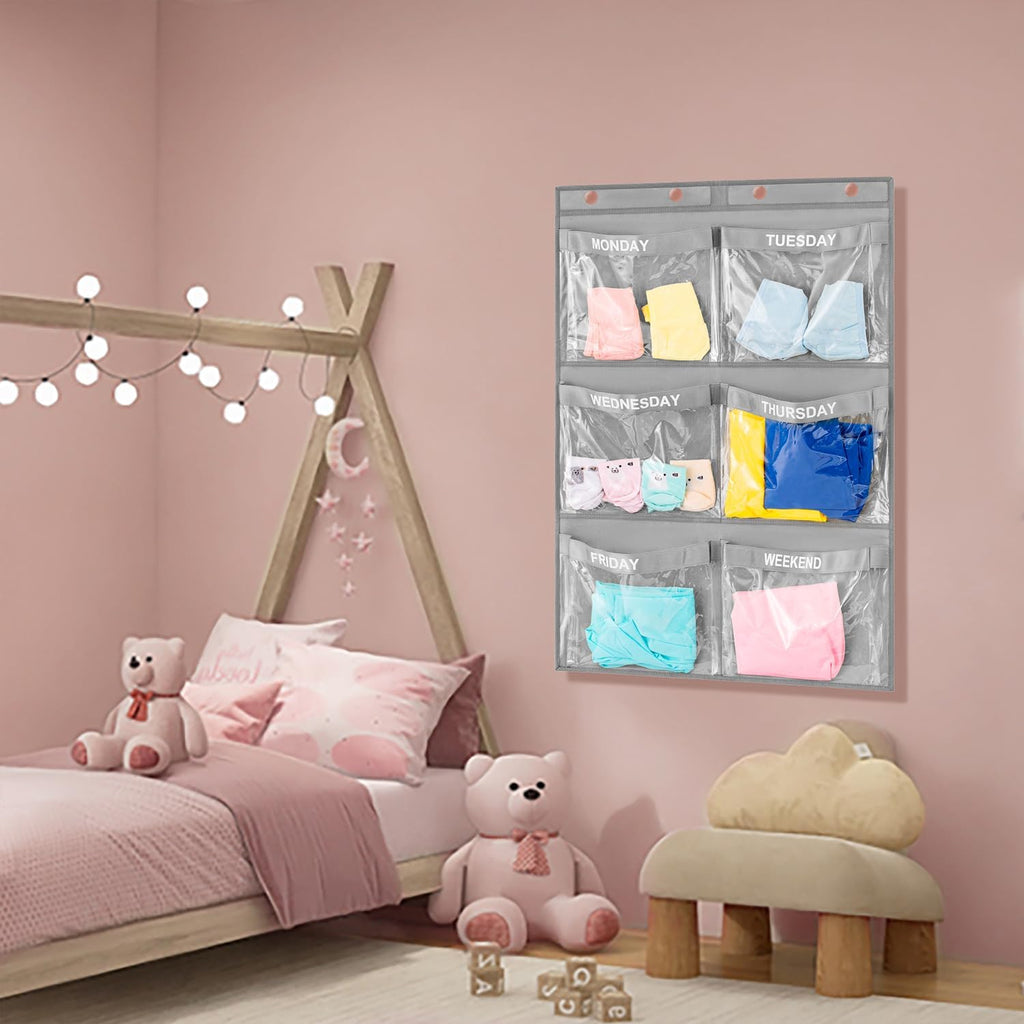Weekly Clothes Organizer Day of Week School Clothing Storage Hanging Closet Organization for Kids Monday to Weekend (GREY)