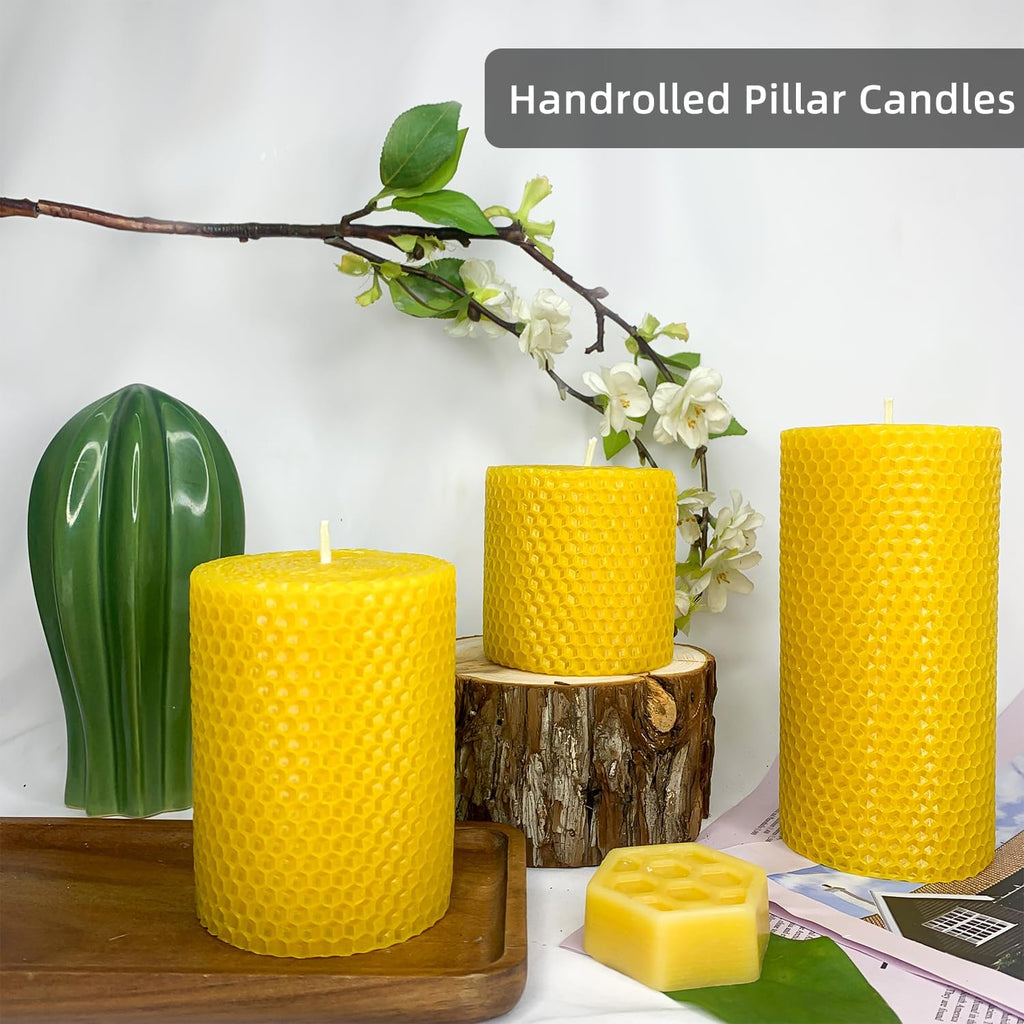 Beeswax Pillar Candles Set of 3, Size 3"x6", 3"x 4" & 3"x 3", Natural Bees Wax Candle Sheet Handrolled for Home Décor, Yellow