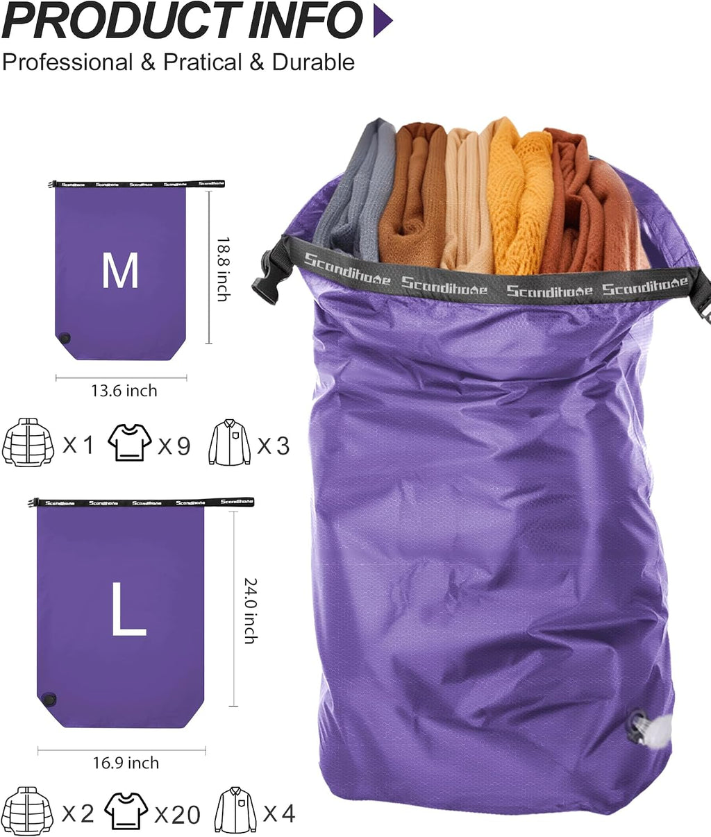 Compression Travel Laundry Bag for Dirty Clothes, Pump-Free Laundry Bag for Suitcase & Dorm, Waterproof Wet Dry Clothes Organizer, Large Capacity Space Saving Travel Bag (1 Pcs)(Purple, M)
