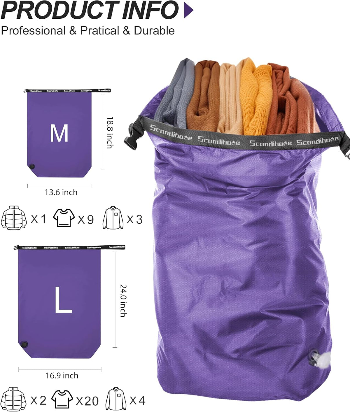 Compression Travel Laundry Bag for Dirty Clothes, Pump-Free Laundry Bag for Suitcase & Dorm, Waterproof Wet Dry Clothes Organizer, Large Capacity Space Saving Travel Bag (1 Pcs)(Purple, M)