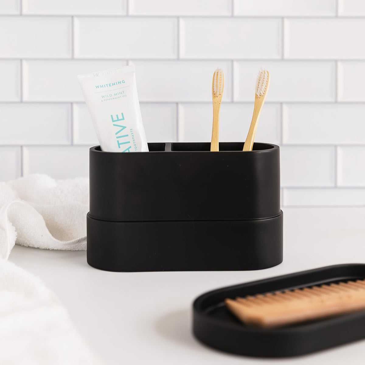 Yew Design Matte Black Bathroom Toothbrush Holder Cup - Round Large