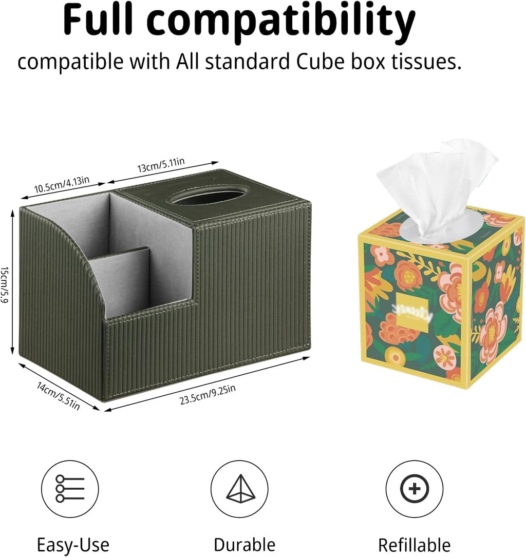 PUSU Square Tissue Box Cover with Storage and TV Remote Control Holder