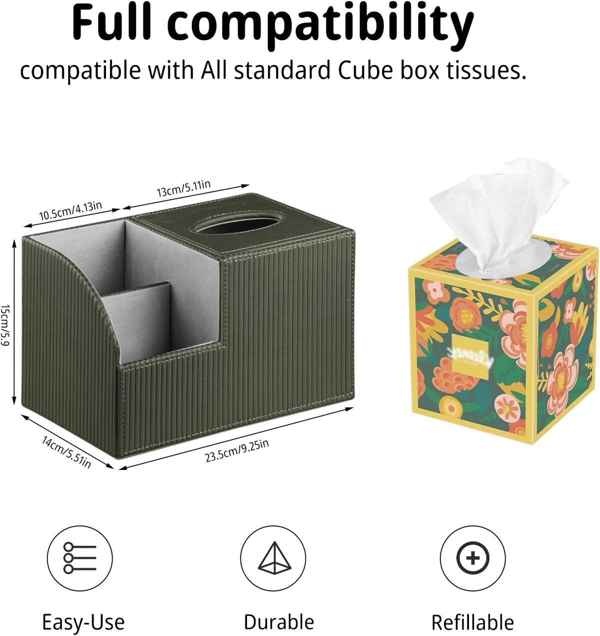 PUSU Square Tissue Box Cover with Storage and TV Remote Control Holder