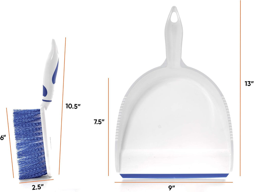 Dustpan and Brush Set, Hand Broom with Ergonomic Grip Handle - Rubber Edge for Easy Dirt Pickup, Durable Material - Grey & Blue Hand Brush by Superio, 2-Pack (‎Blue & Grey)