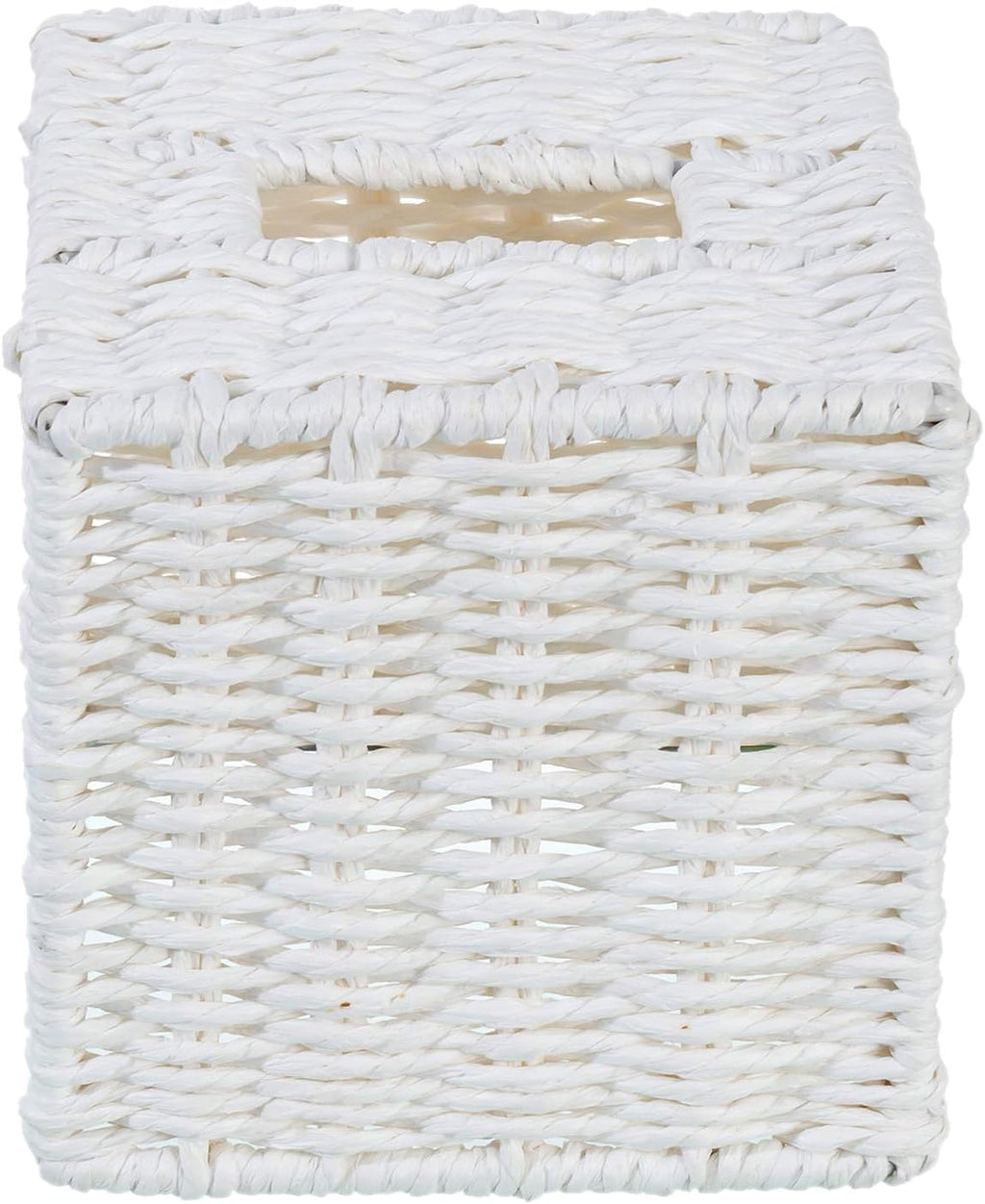 MyGift Decorative White Woven Square Tissue Box Holder with Easy Open Refill Bottom, Bathroom Decor Facial Tissues Cover with Sturdy Paper Rope Material