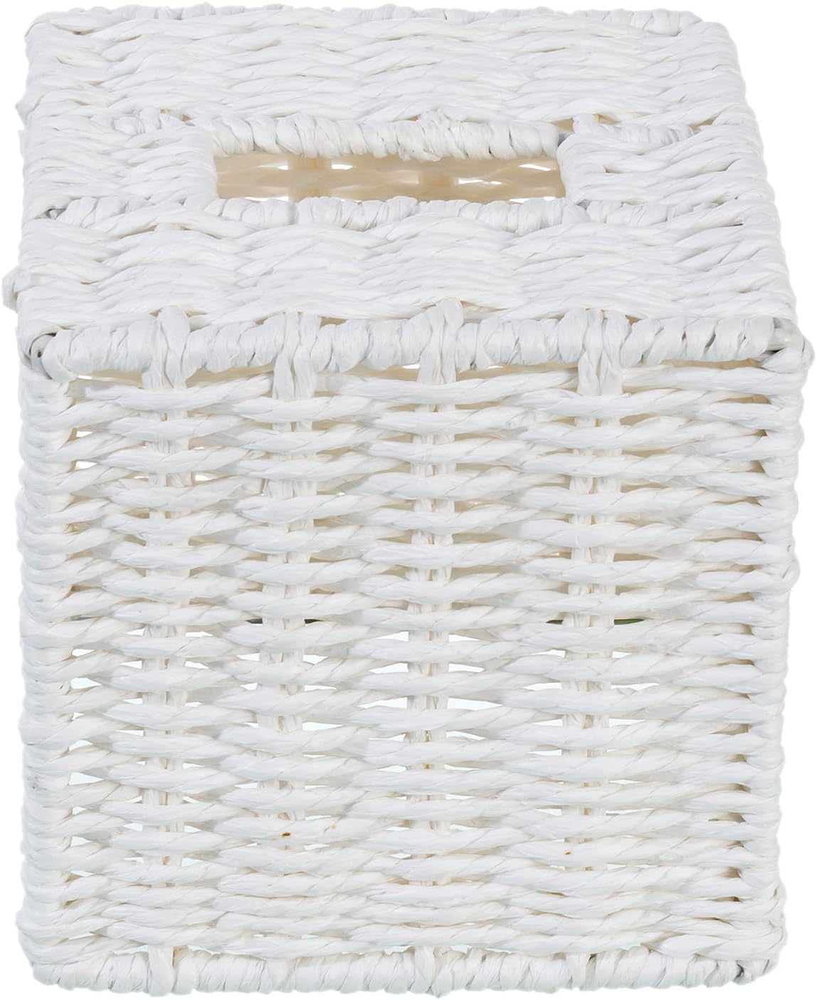 MyGift Decorative White Woven Square Tissue Box Holder with Easy Open Refill Bottom, Bathroom Decor Facial Tissues Cover with Sturdy Paper Rope Material