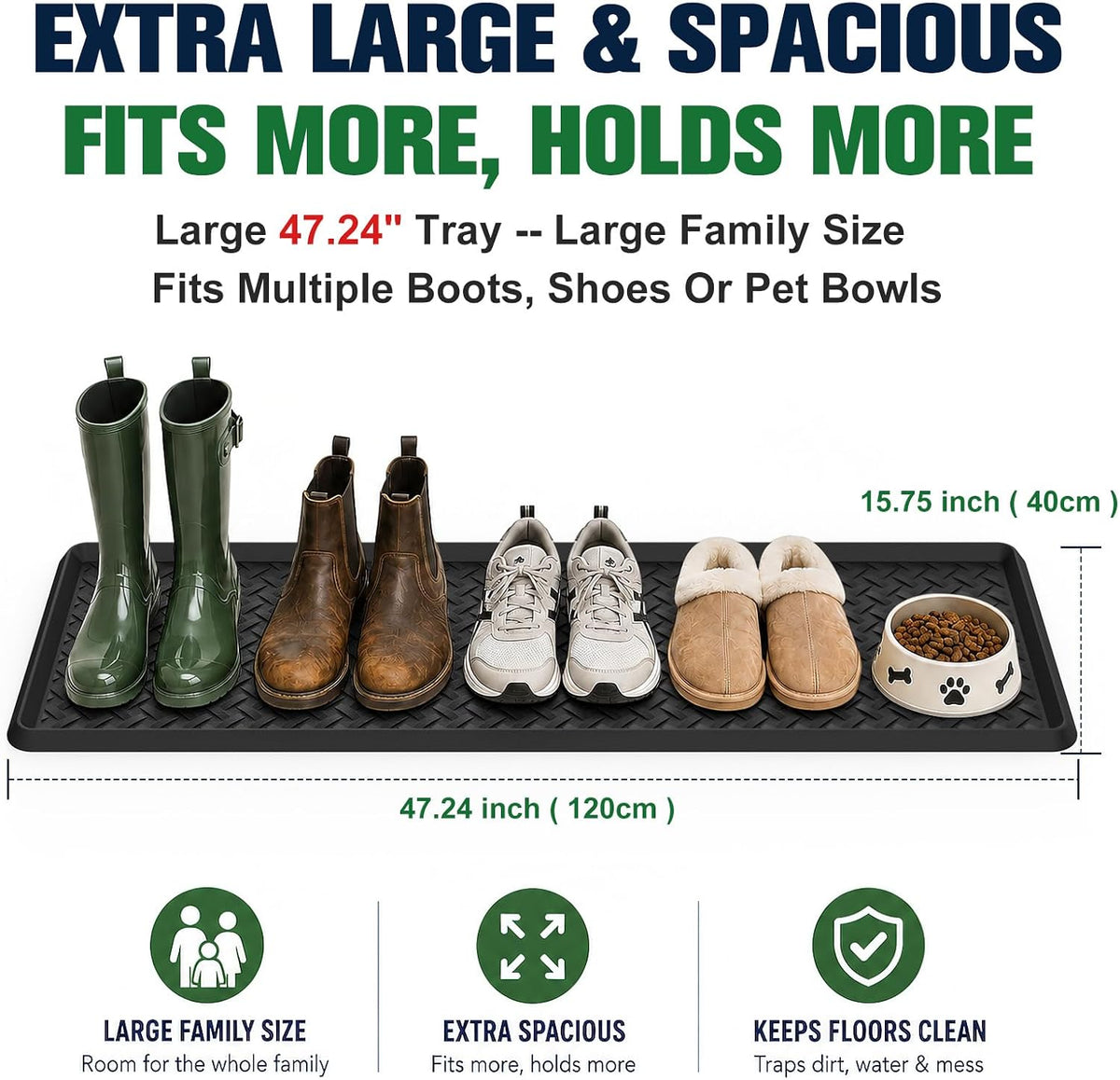 Extra Large Boot Trays - Heavy-Duty Rubber Mat with Raised Edges, Waterproof Shoe Mat Tray for Indoor & Outdoor, Multi-Purpose Catch-All Trays/Floor Protector, 47.25" x 15.75"