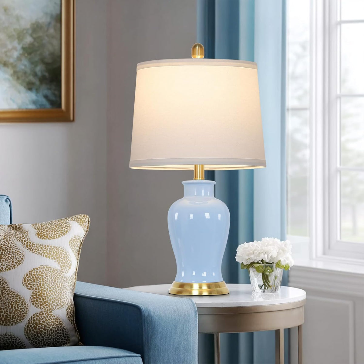 23" Modern Blue Ceramic Table Lamps Set of 2, Coastal Ceramic Lamps for Living Room, Classic Bedside Lamp with Ginger Jar Design, Elegant Bedroom Lamp for Night stand Desk Side End Table Home Decor