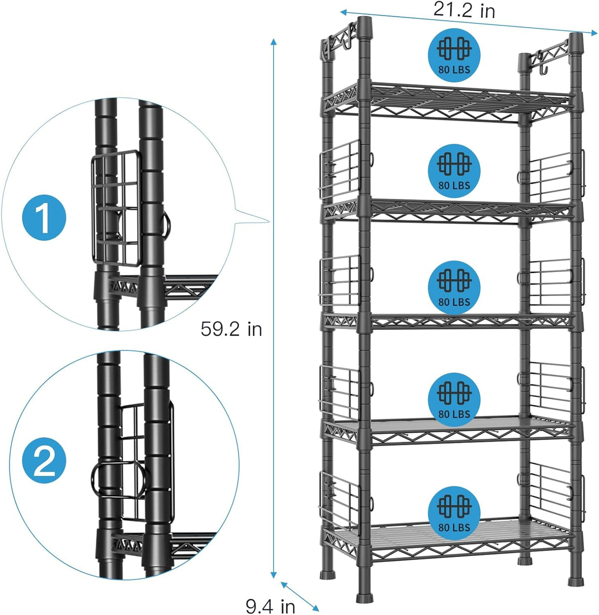 FUTASSI Metal Storage Rack, Storage Organizer Shelves for Kitchen, Black