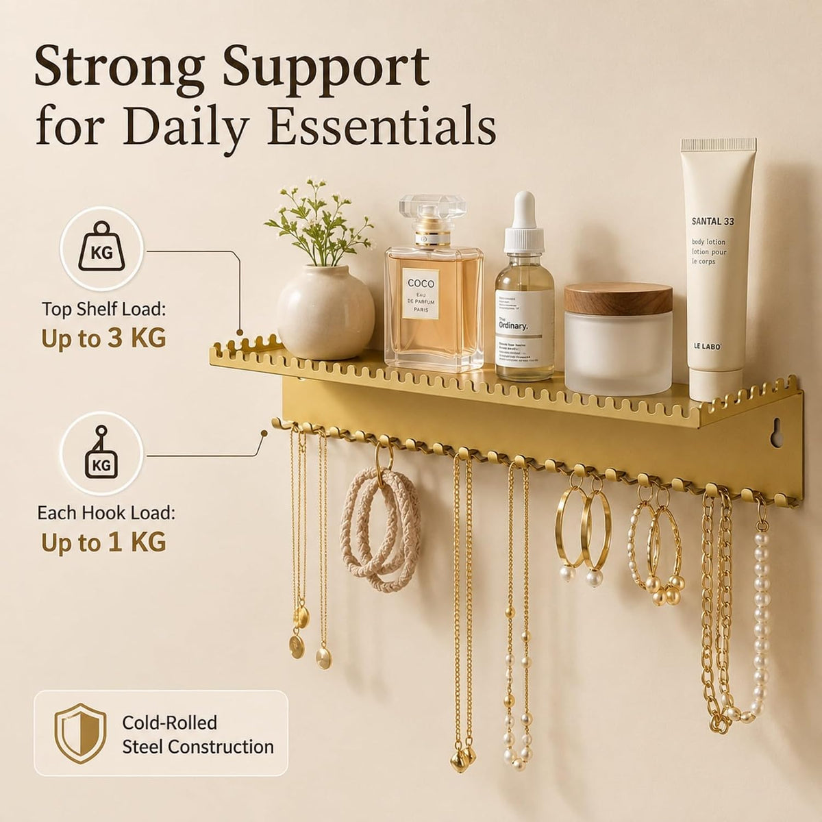 Wall Mounted Necklace Holder with Shelf, Wall Jewelry Organizer,Gold
