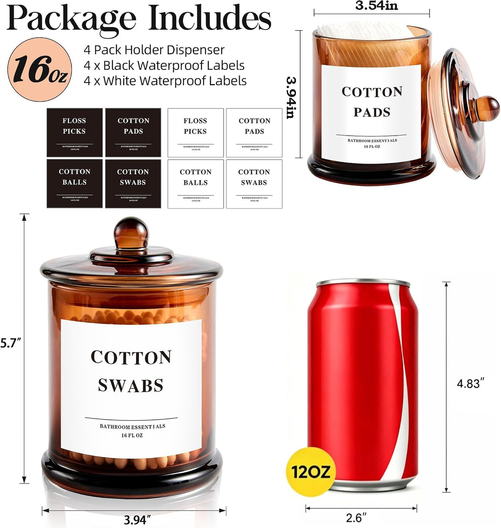 LEORAY 4 Pack Glass Qtip Holder Dispenser with Lids, Airtight Waterproof, 16 Oz Vanity Organizer Bathroom Canisters for Cotton Swabs, Balls, Pads, Floss Picks, Restroom Kitchen Storage Jars, Amber
