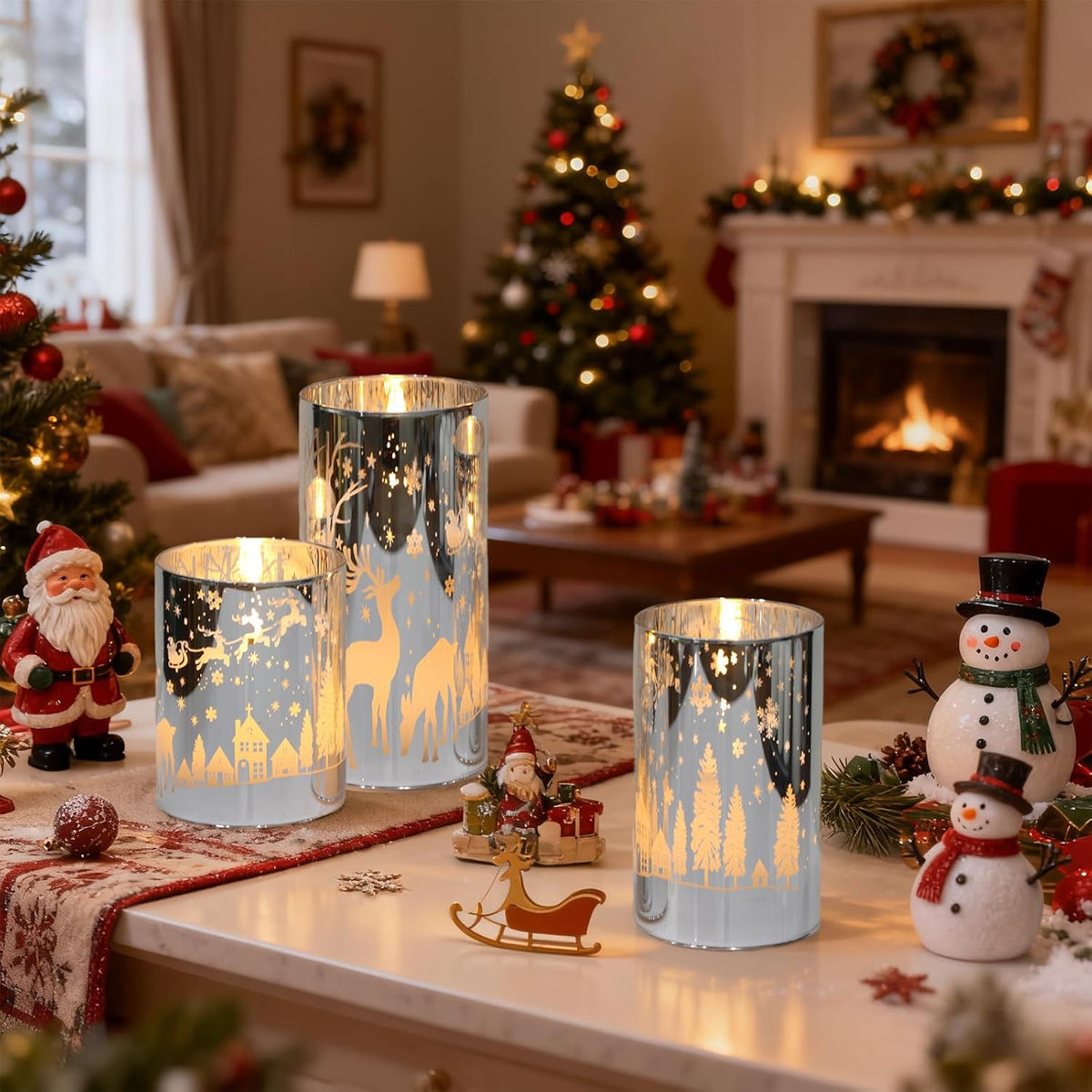 Silver Christmas Flameless Candles Battery Operated Remote Timer