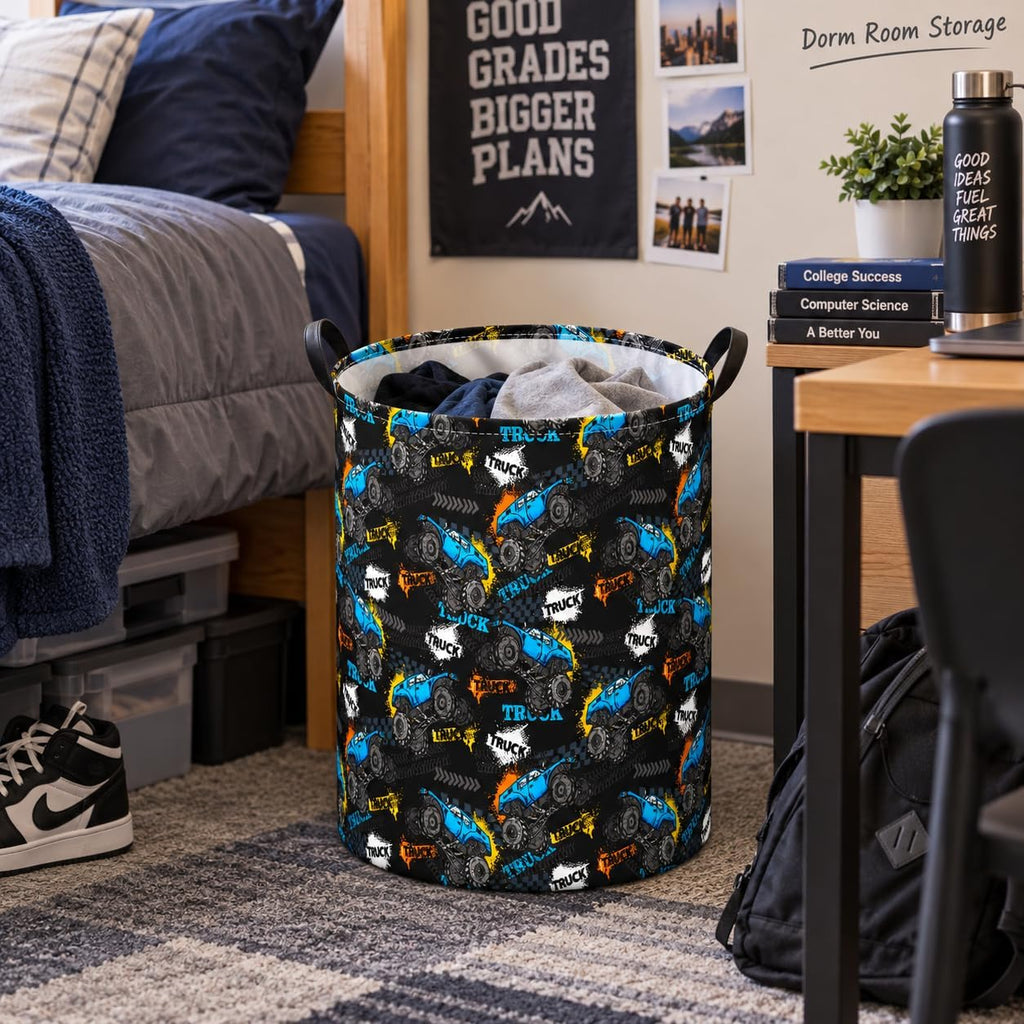 Truck Print Laundry Hamper, Collapsible Storage Basket with Handles