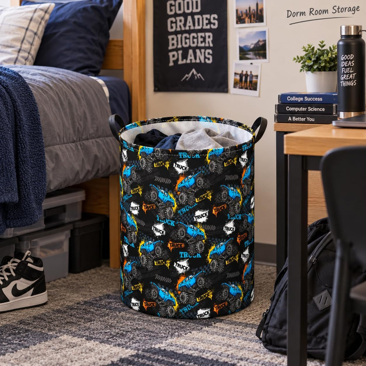 Truck Print Laundry Hamper, Collapsible Storage Basket with Handles