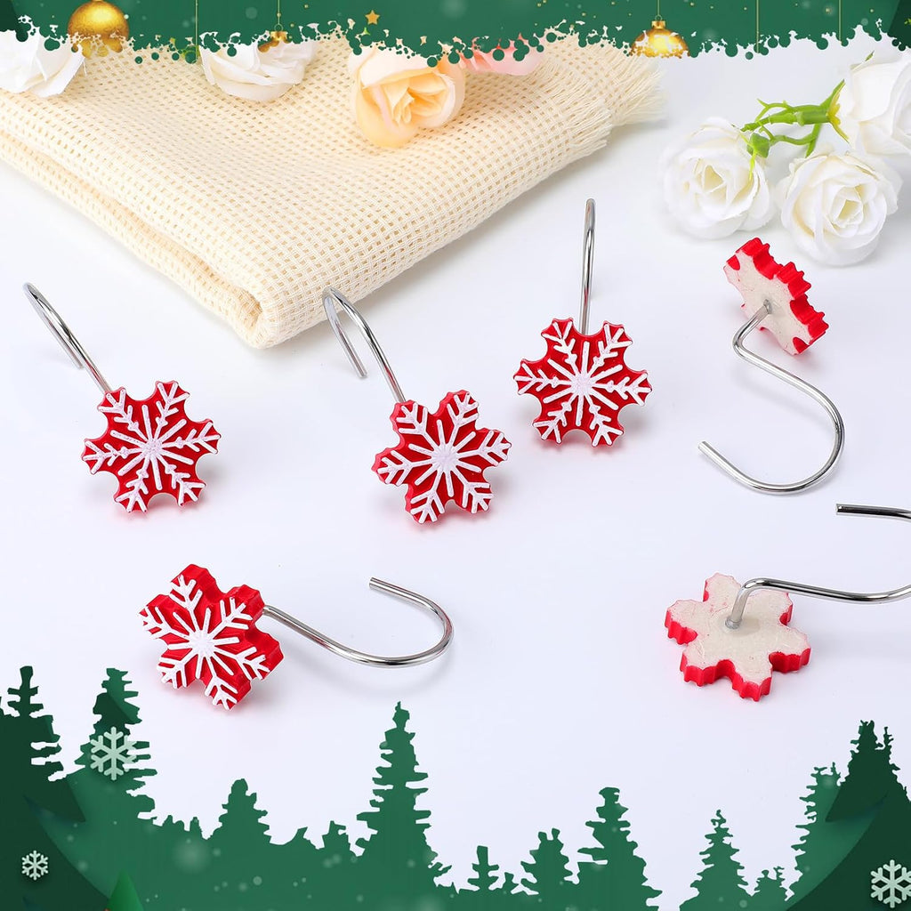 CroBlissful 12 Pcs Christmas Winter Snowflake Shower Curtain Hooks 2 Styles Snowflakes Curtain Hangers Hooks Red White Winter Decorative Rings for Bathroom Restroom Rods Wall Decor