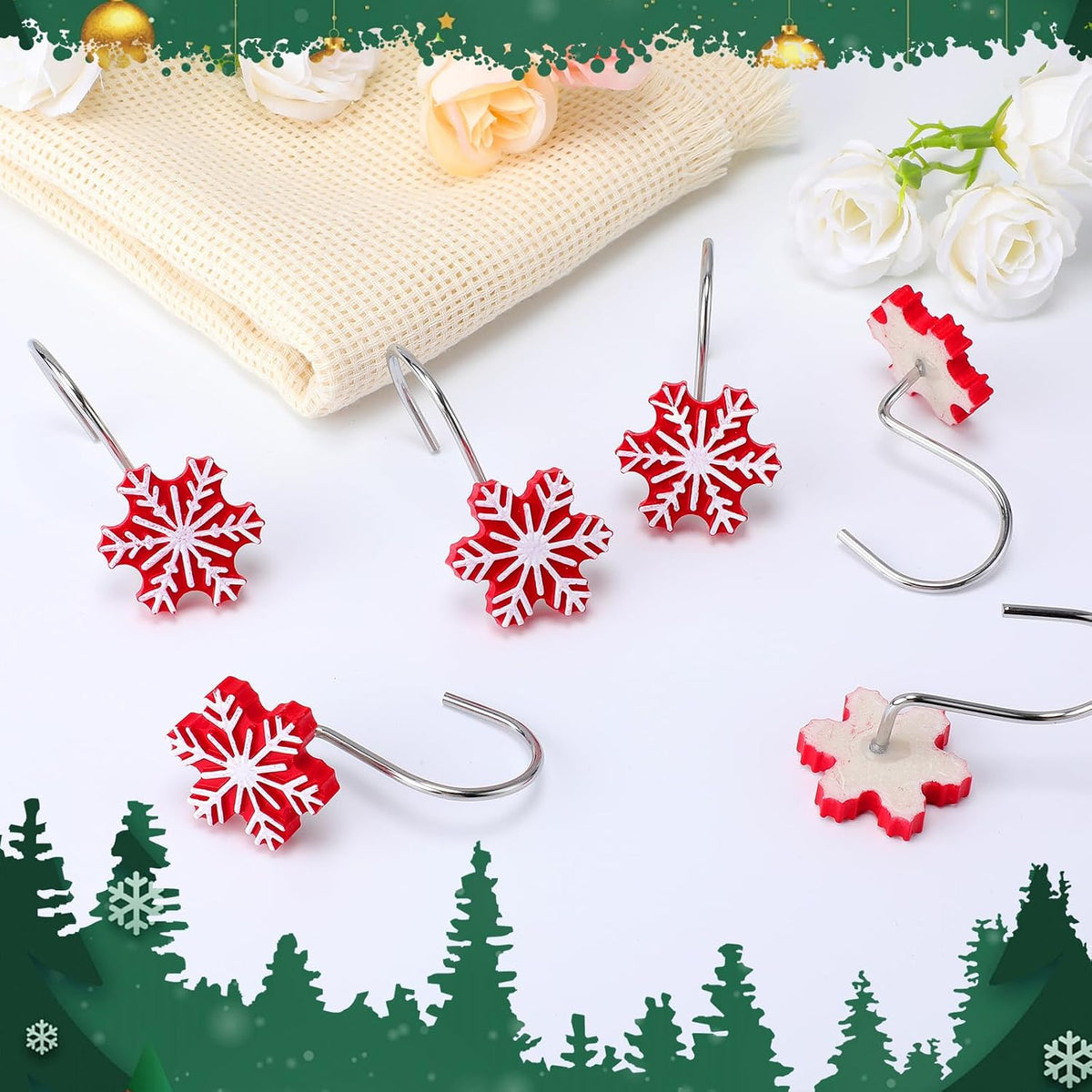 CroBlissful 12 Pcs Christmas Winter Snowflake Shower Curtain Hooks 2 Styles Snowflakes Curtain Hangers Hooks Red White Winter Decorative Rings for Bathroom Restroom Rods Wall Decor