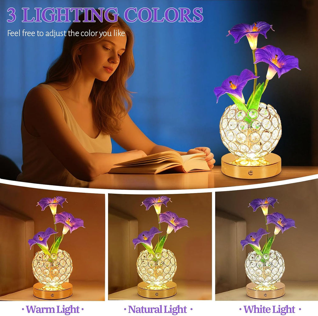 Flower Table Lamp, 3 Colors Touch Stepless Dimming Crystal Night Light, Rechargeable Artificial Morning Glory Light, LED Flower with Vase Lamp Romantic Decor for Date Party Home (Morning Glory-Purple)