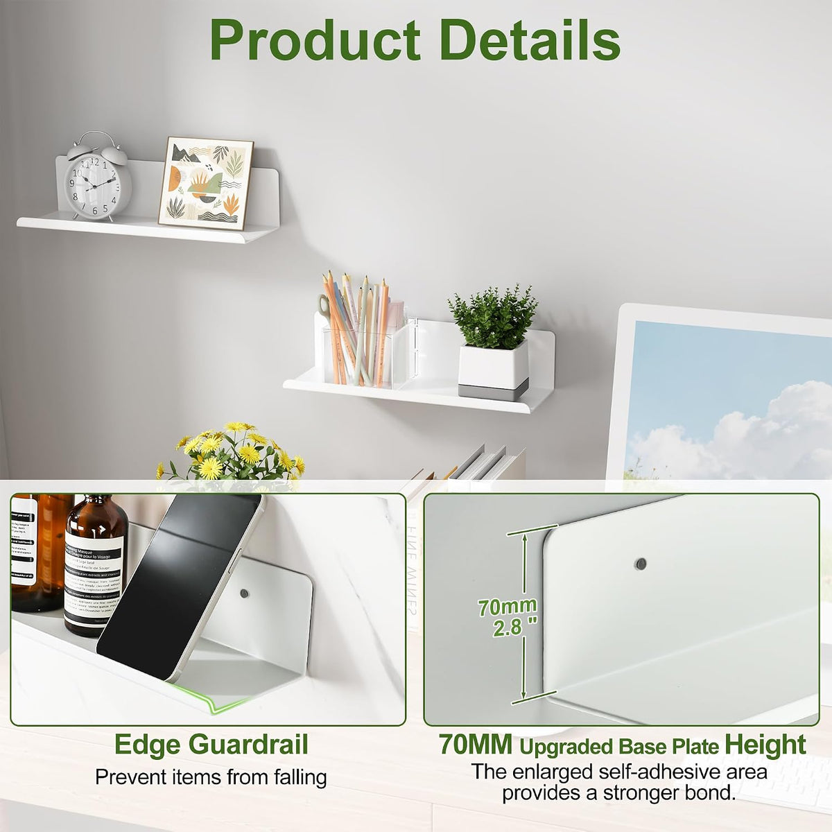 SAYAYO White Floating Shelves for Wall, 12 Inch Screw or Adhesive Shelves