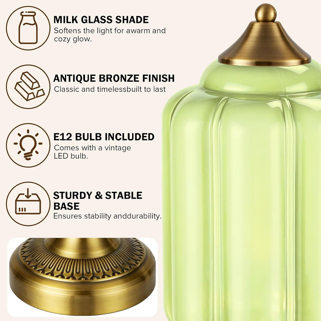 Vintage Brass Table Lamp with Green Milk Glass Shade