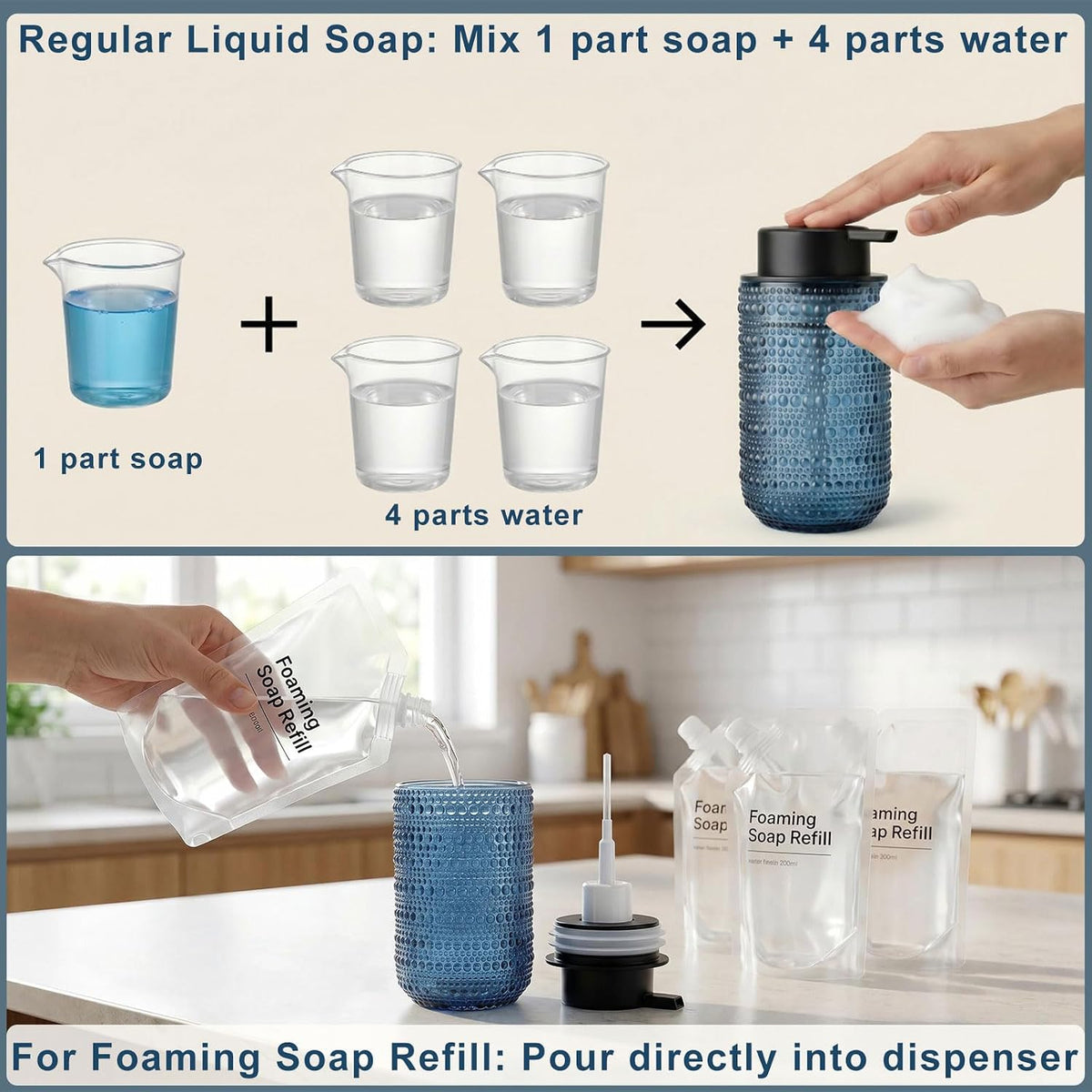 2 Pack Blue Glass Foaming Soap Dispenser, 14 OZ Vintage Hobnail Texture Foam Hand Soap Dispenser, Refillable & Reusable Foam Dispenser with Black Pump for Bathroom, Kitchen Decor, Elegant Look