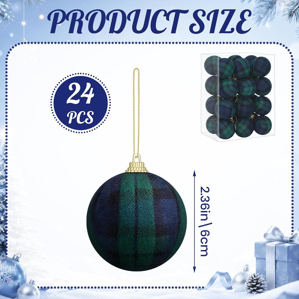 Syhood 24 Pcs Christmas Ball Ornaments 2.4 Inch, Blue Green Tartan Plaid