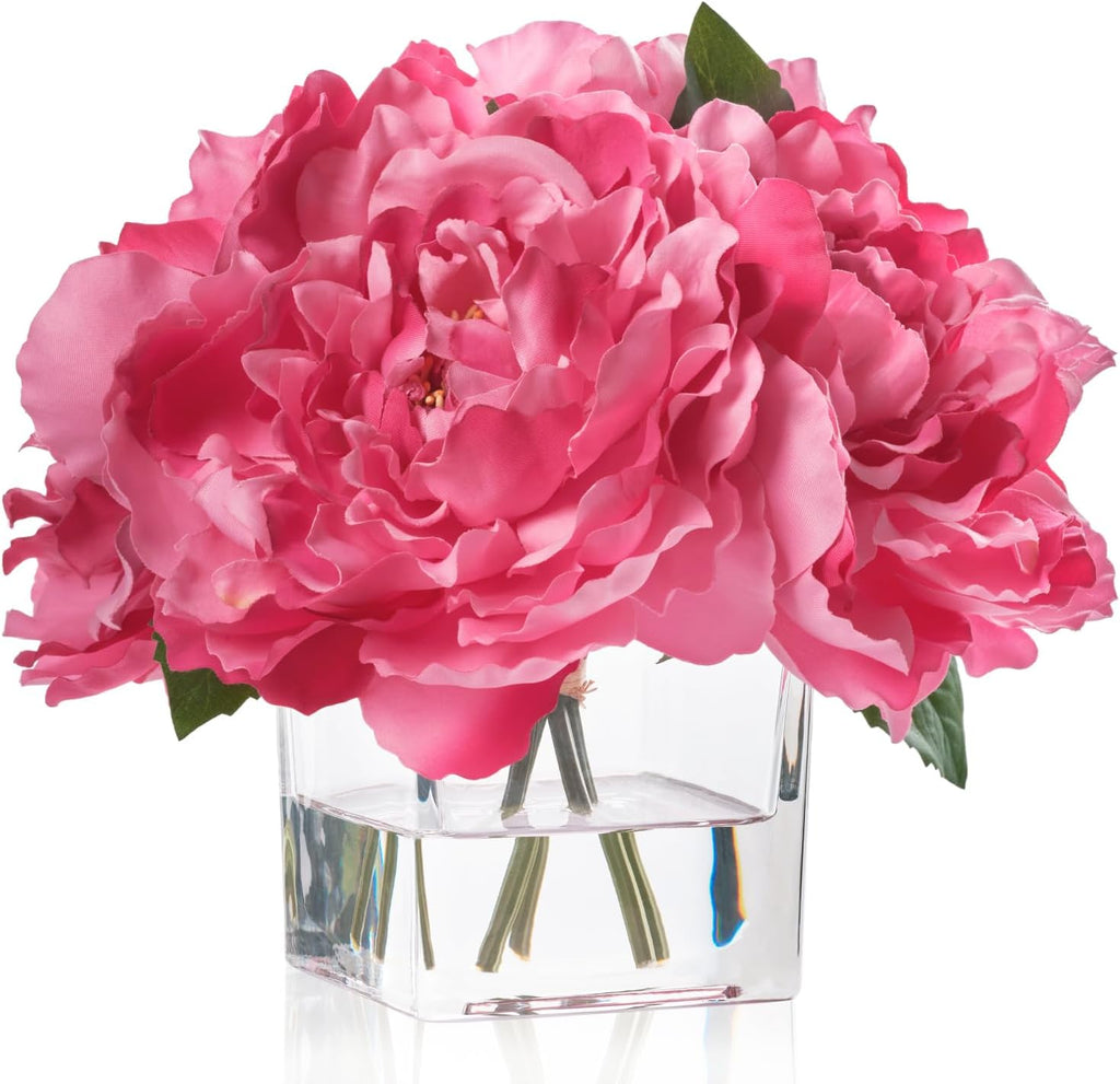 Artificial Peonies Flowers Arrangements in Cube Glass Vase, WELLKNOWN Silk Flower Centerpieces for Dining Room Table, Coffee Table Decor, Faux Peony Flowers with Faux Water (Fuchsia)