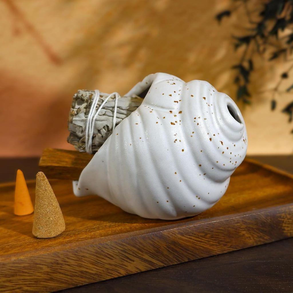 MOUGIGI Ceramic Conch Palo Santo Burner Holder - Mini Chiminea Incense