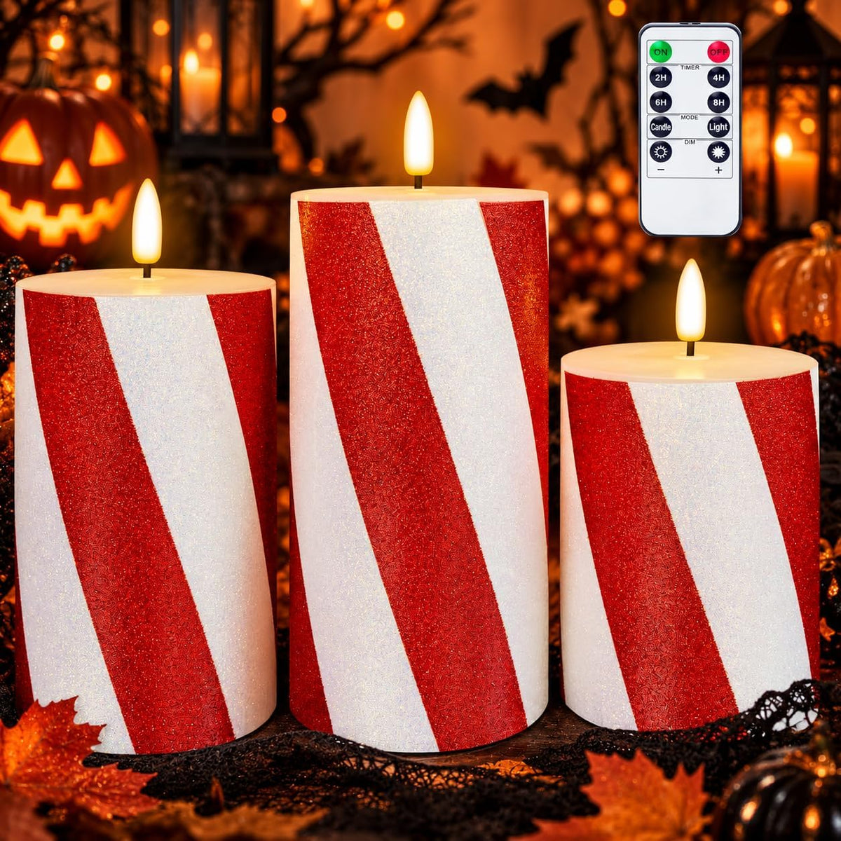 Halloween Flameless Candles Real Wax Red Battery Operated Pillar Candles with Remote Flickering Flame 3D Wick LED Electric Candles for Halloween Home Decoration D3 x H4 5" 6" Set of 3