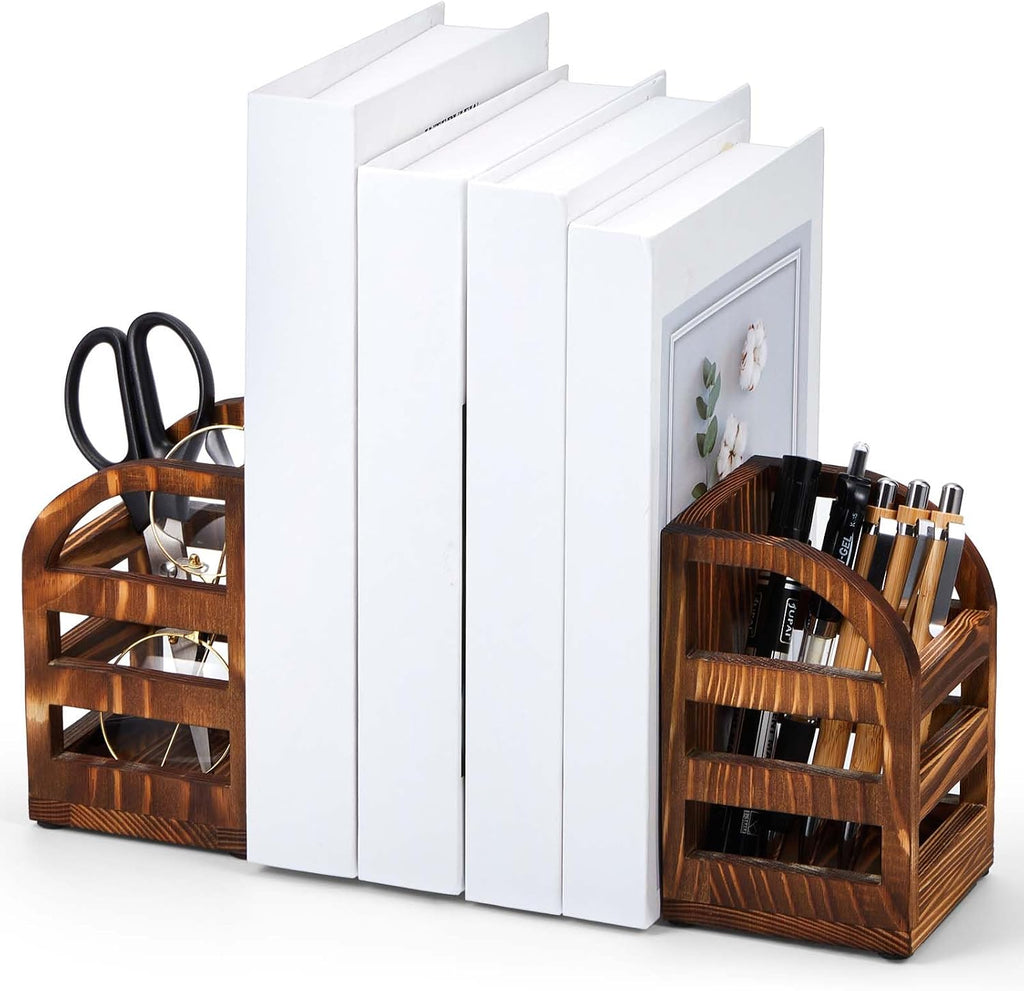 1 Pair 2 in 1 Rustic Burnt Wooden Bookend with Coated Metal Desk Supply Holds Non Skid Desktop Book Ends Pen Holder Pencil Cup Stationery Storage Bins Book Stopper for Home Office Dorm Room