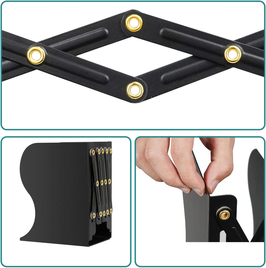 Hossejoy Adjustable Bookends, Heavy Duty Metal Book Ends, Expandable Bookcase Book Holder Stand Shelf Rack for Student Office Book File Organizer Storage, Extends up to 19 inches (Black)