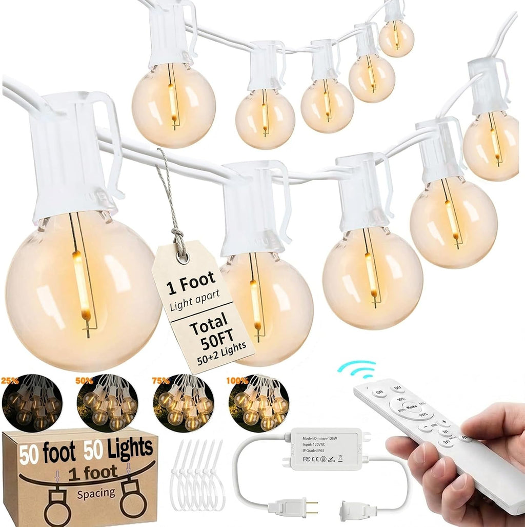 Remote Dimmable G40 White Outdoor String Lights, 50 FT, 50 Lights