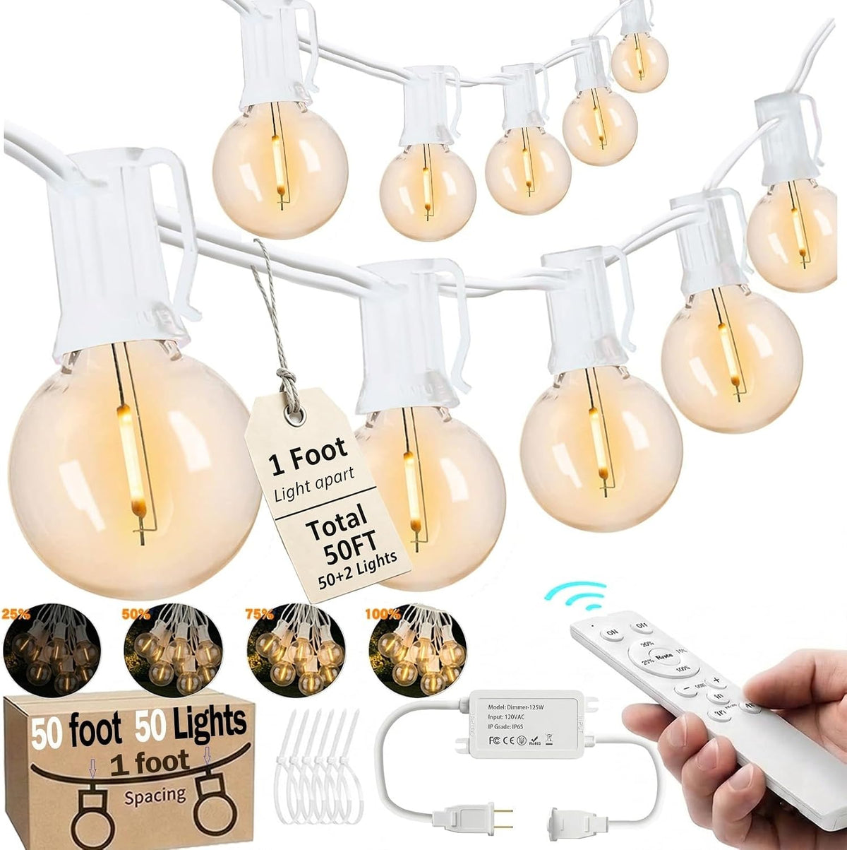 Remote Dimmable G40 White Outdoor String Lights, 50 FT, 50 Lights