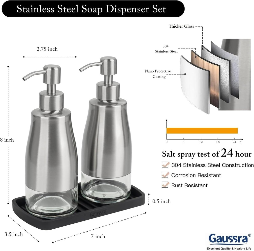 Gaussra Kitchen Soap Dispenser with Silicone Tray & Stickers 11 OZ / 320 ML