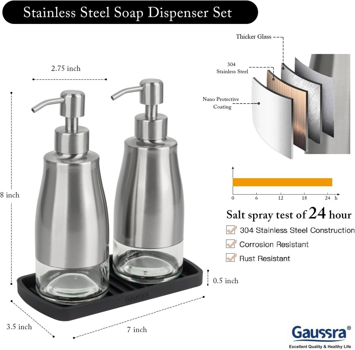 Gaussra Kitchen Soap Dispenser with Silicone Tray & Stickers 11 OZ / 320 ML