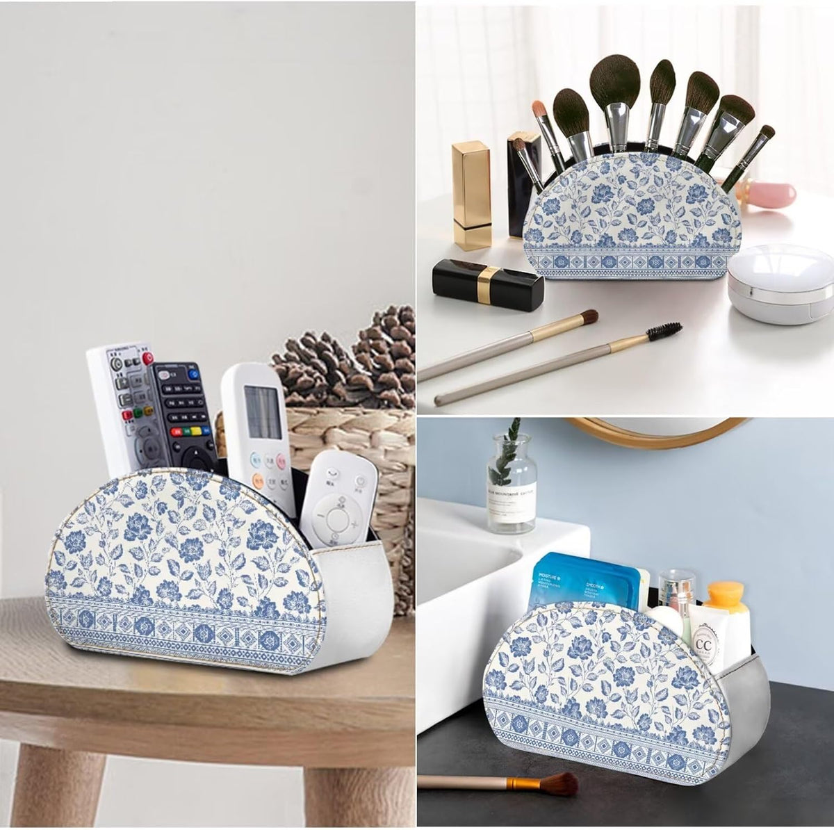 Blue and White Flower Office Desk Organizers with 5 Compartments, Remote Control Holder Desktop/TV Stand/Nightstand Remote Caddy,for Glasses/Cosmetic Brushs/Pens