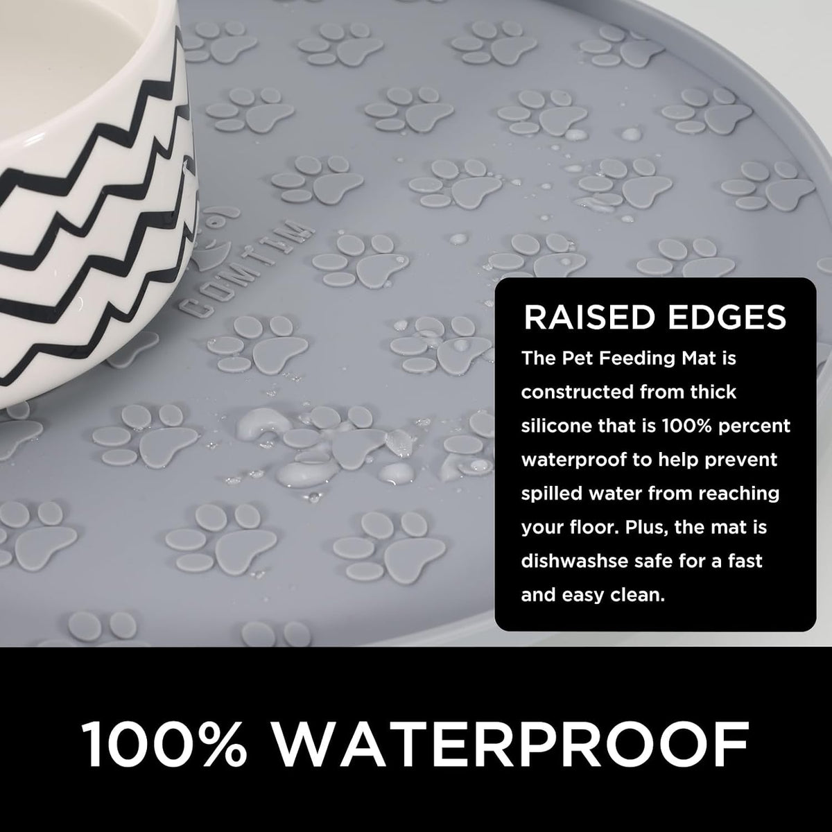Comtim Waterproof Dog Food Mat - 2 Pack Silicone Pet Food Mat Dog Food Bowl Mats Cat Water Mats Eating Tray, Non-Slip Pet Placemat with Lip for Messy Drinkers to Protect Floor,Light Grey 11"