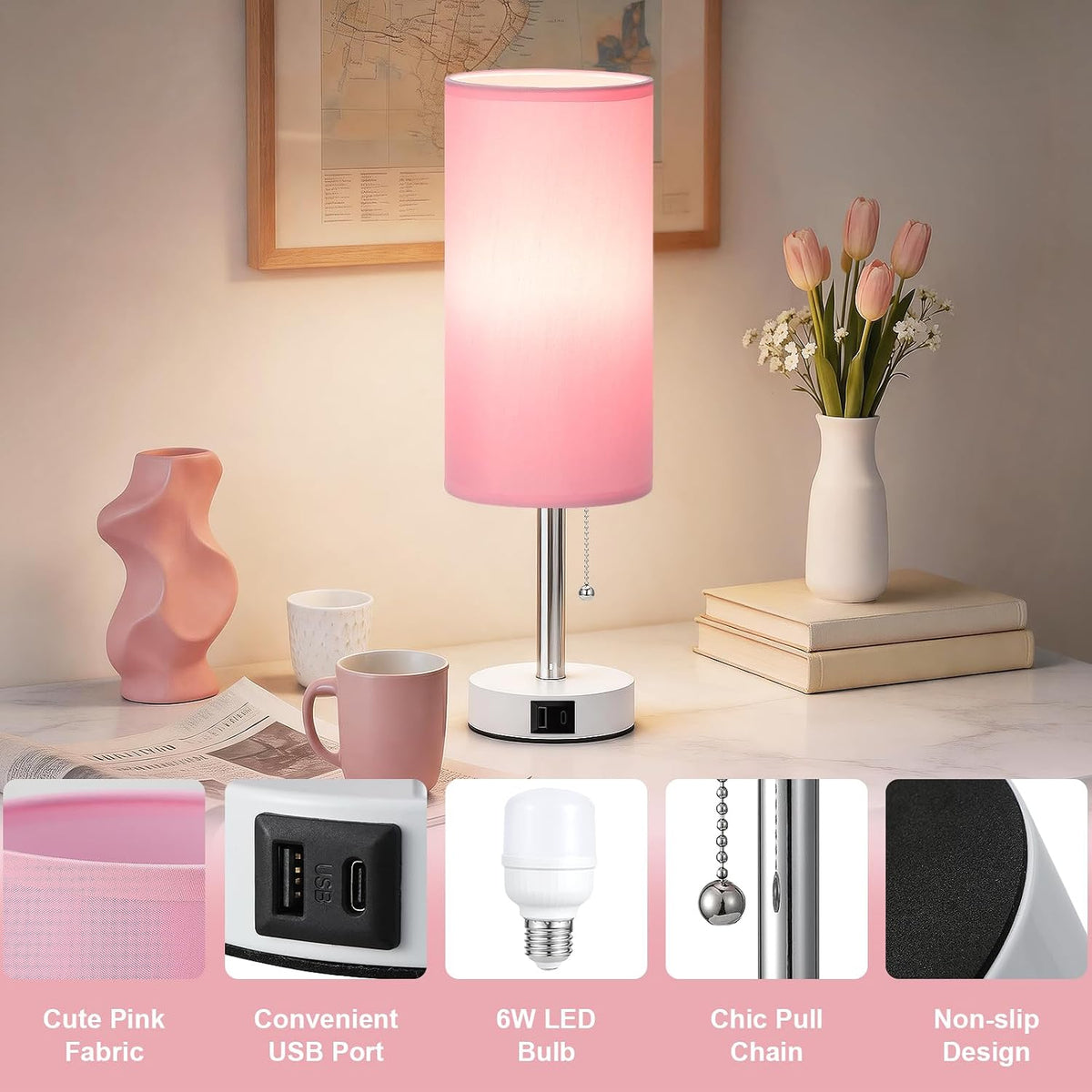 Dicoool Pink Bedside Table Lamp for Girls Bedroom - USB A+C Charging Ports