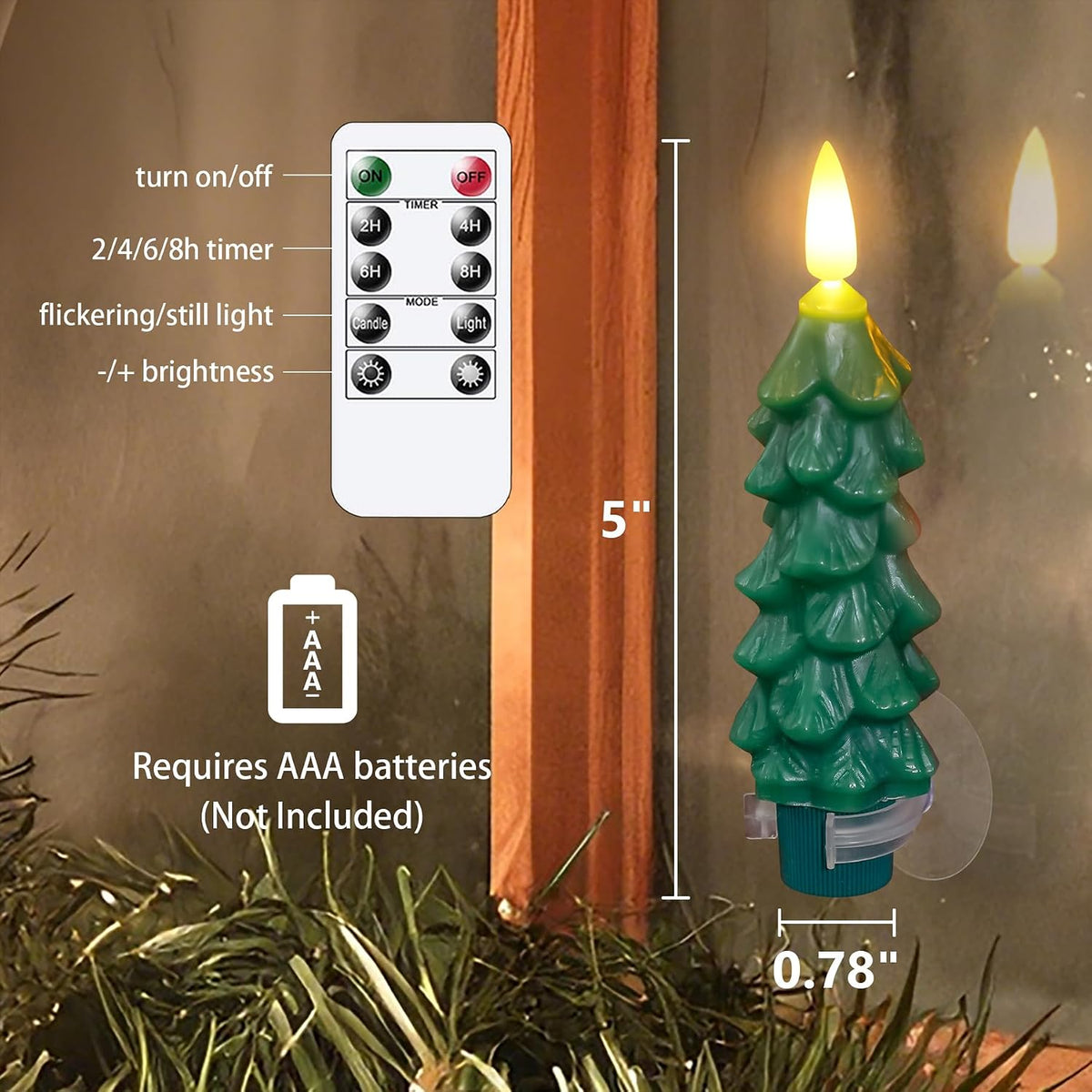 6pcs Tree Shaped Flameless Real Wax Green Taper Candles with Remote and Timer, 0.78" x5" Window LED Flickering Battery Operated for Festival Decor (Suction Cups Included)