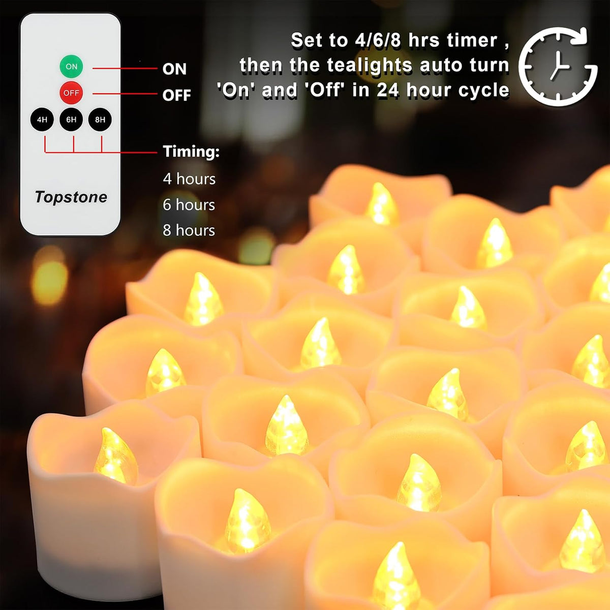 Topstone Flickering Flameless Fake LED Tea Lights with Dual Remotes, Dimmable Steady & Flicker Modes, 12 Pack Bulk Battery Operated Candles for Christmas Halloween Holiday Decor