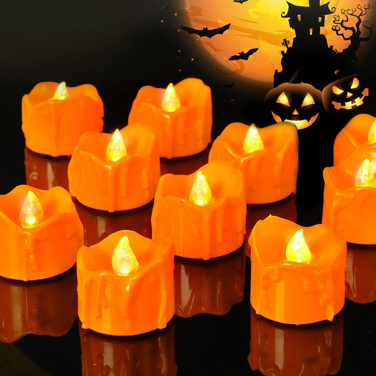 Halloween 12 Pack Orange Tea Lights, Small Dripping Candles, Battery Operated LED Tealights, Mini Pumpkins Lights with Warm White Bulb, Flameless, Electric Fake Tea Candles Realistic for Halloween