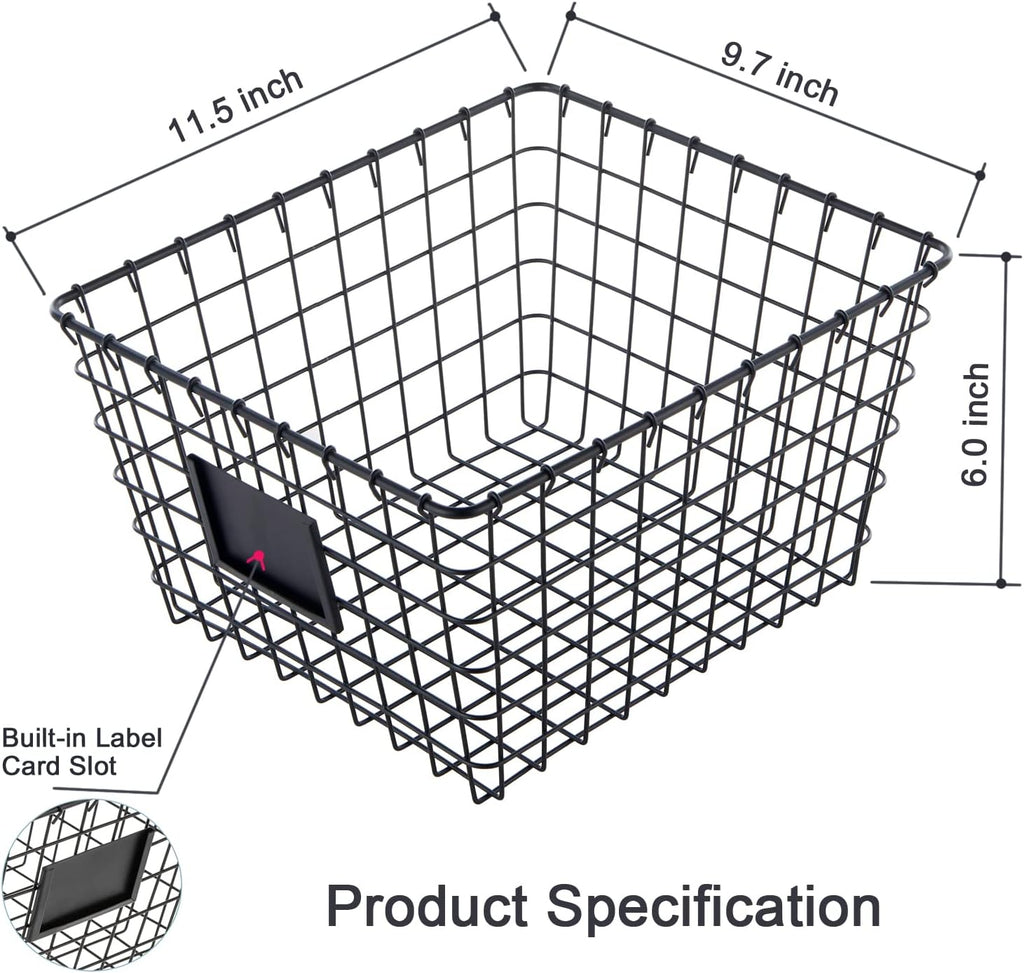 JUNCHU CHERRY 4 Pack【Large】 Wire Handmade Storage Basket for Organizing Household Goods,Pantry Organization,Bathroom countertop,Laundry,Wardrobe Storage Basket,Black