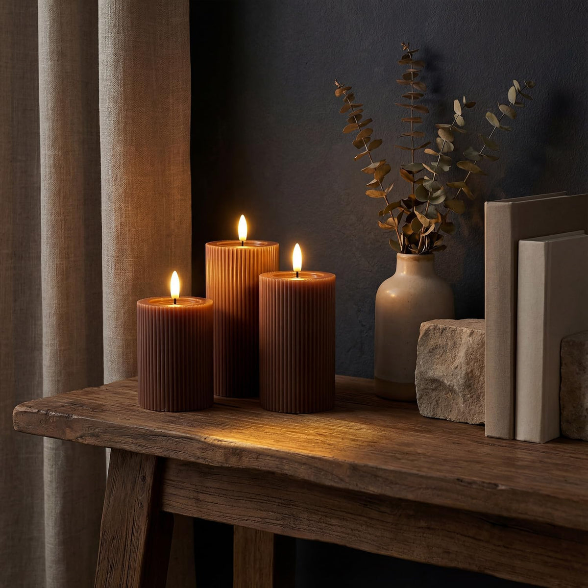 Fluted Ribbed LED Pillar Candles, Brown, with Realistic Reflective Melted-Wax Effect – Flickering Flame, Remote, Dimmable, Flameless, Battery Operated, Home & Wedding Decor (Set of 3)