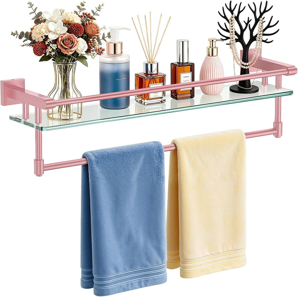 Bathroom Glass Shelf Towel Rack Shelf Glass Organizer Wall-Mounted Bathroom Storage SUS304 Stainless Steel Towel bar/Track Wall-Mounted Tempered Glass Stainless Steel Shelf (Pink, 24‘’ with Railing)